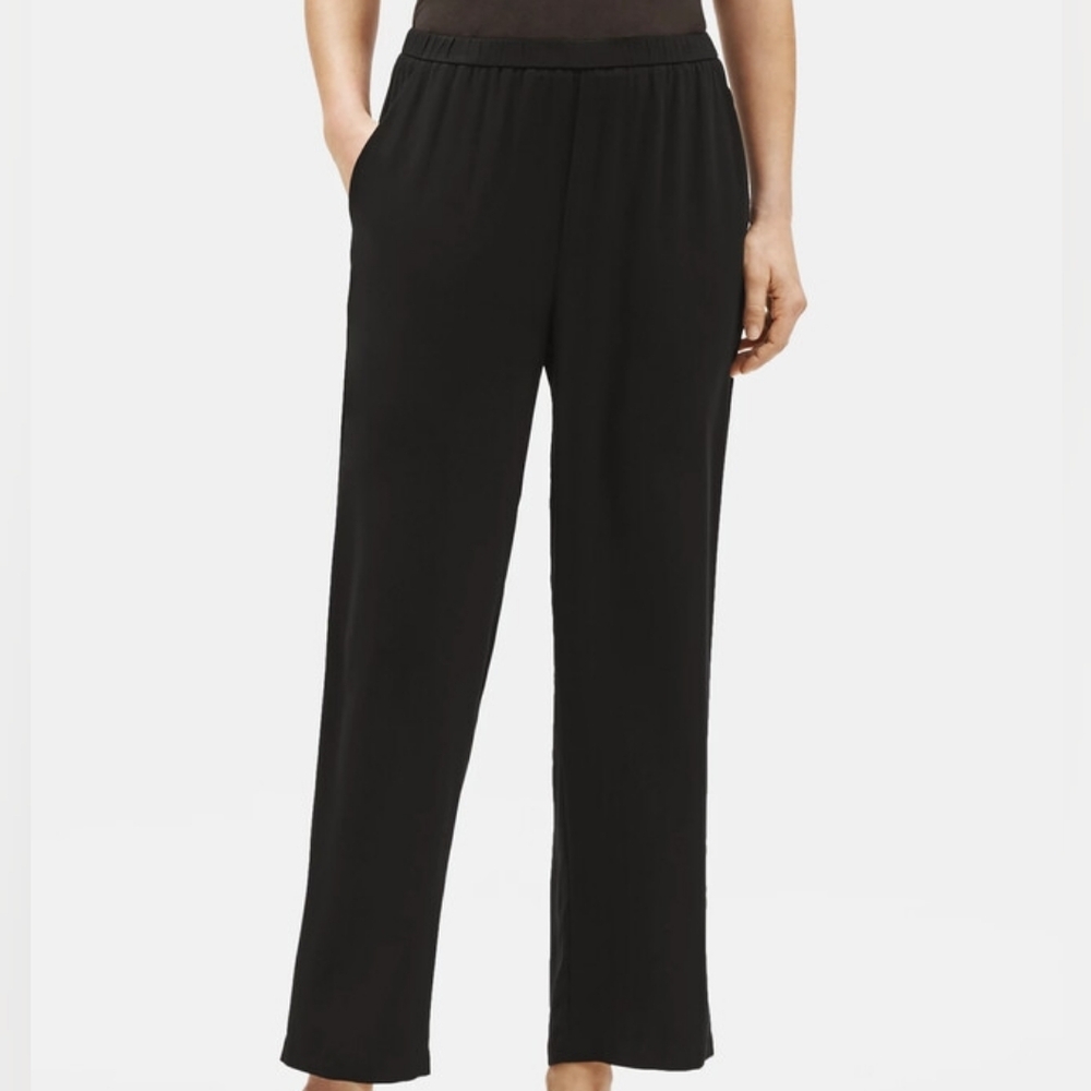 Eileen Fisher Silk Georgette Crepe Straight Pant Easy Fit Ankle Length Black L
